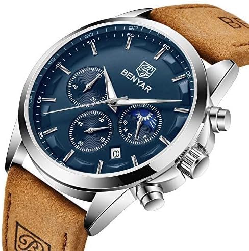 BY BENYAR Men's Watches Waterproof Sport Military Watch for Men Multifunction Chronograph Black Fashion Quartz Wristwatches Calendar with Leather Strap/Stainless Steel