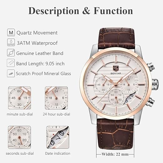 BENYAR Quartz Chronograph Waterproof Watches Business and Sport Design Leather Band Strap Wrist Watch for Men