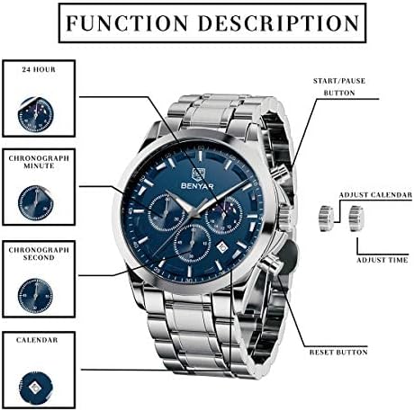 BY BENYAR Men's Watches Waterproof Sport Military Watch for Men Multifunction Chronograph Black Fashion Quartz Wristwatches Calendar with Leather Strap/Stainless Steel
