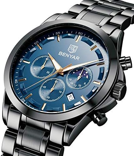 BY BENYAR Men's Watches Waterproof Sport Military Watch for Men Multifunction Chronograph Black Fashion Quartz Wristwatches Calendar with Leather Strap/Stainless Steel
