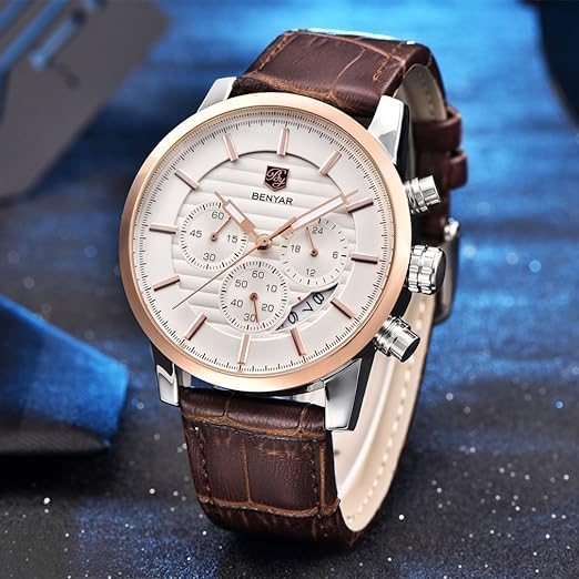 BENYAR Quartz Chronograph Waterproof Watches Business and Sport Design Leather Band Strap Wrist Watch for Men