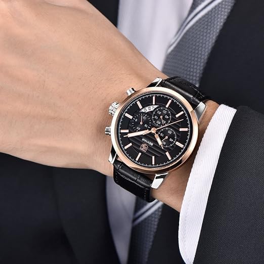 BENYAR Quartz Chronograph Waterproof Watches Business and Sport Design Leather Band Strap Wrist Watch for Men