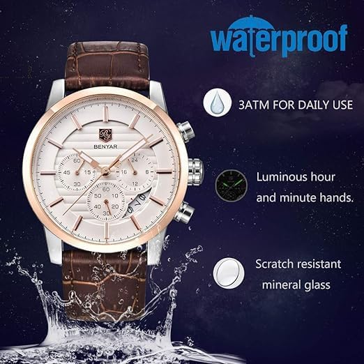 BENYAR Quartz Chronograph Waterproof Watches Business and Sport Design Leather Band Strap Wrist Watch for Men