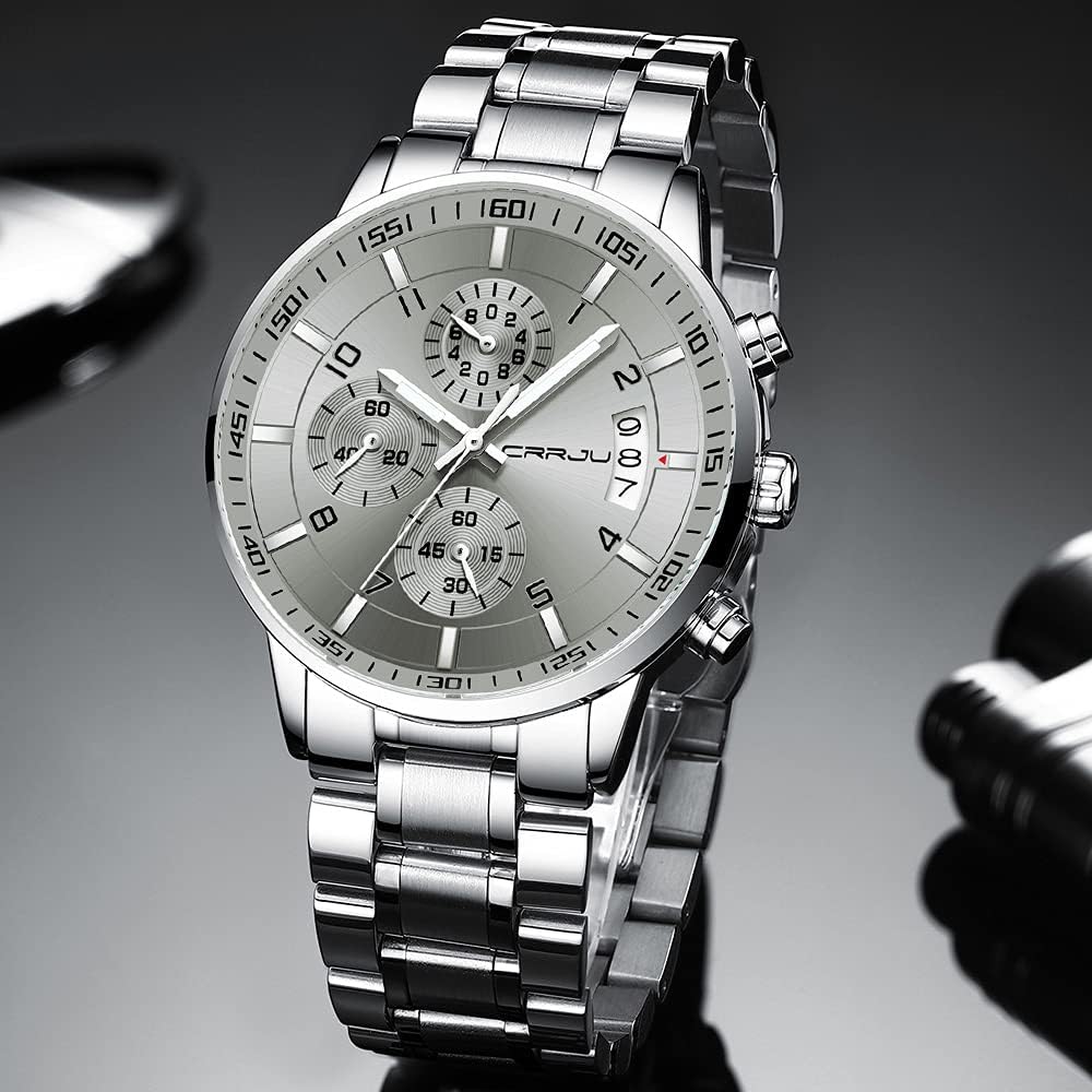CRRJU Men's Fashion Stainless Steel Watches Date Waterproof Chronograph Wristwatches,Stainsteel Steel Band Waterproof Watch