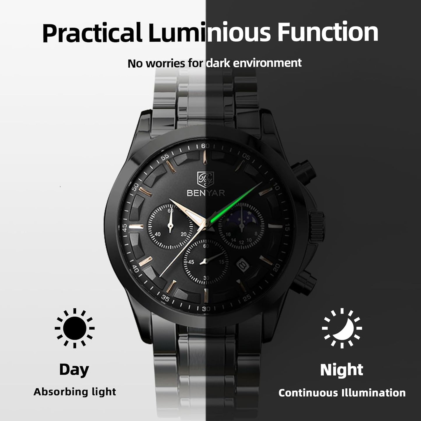 BY BENYAR Men's Watches Waterproof Sport Military Watch for Men Multifunction Chronograph Black Fashion Quartz Wristwatches Calendar with Leather Strap/Stainless Steel