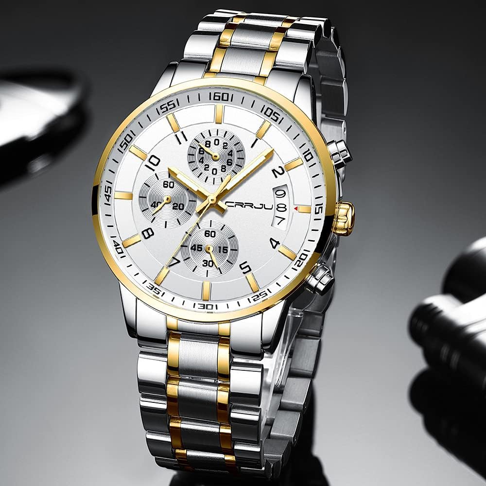 CRRJU Men's Fashion Stainless Steel Watches Date Waterproof Chronograph Wristwatches,Stainsteel Steel Band Waterproof Watch