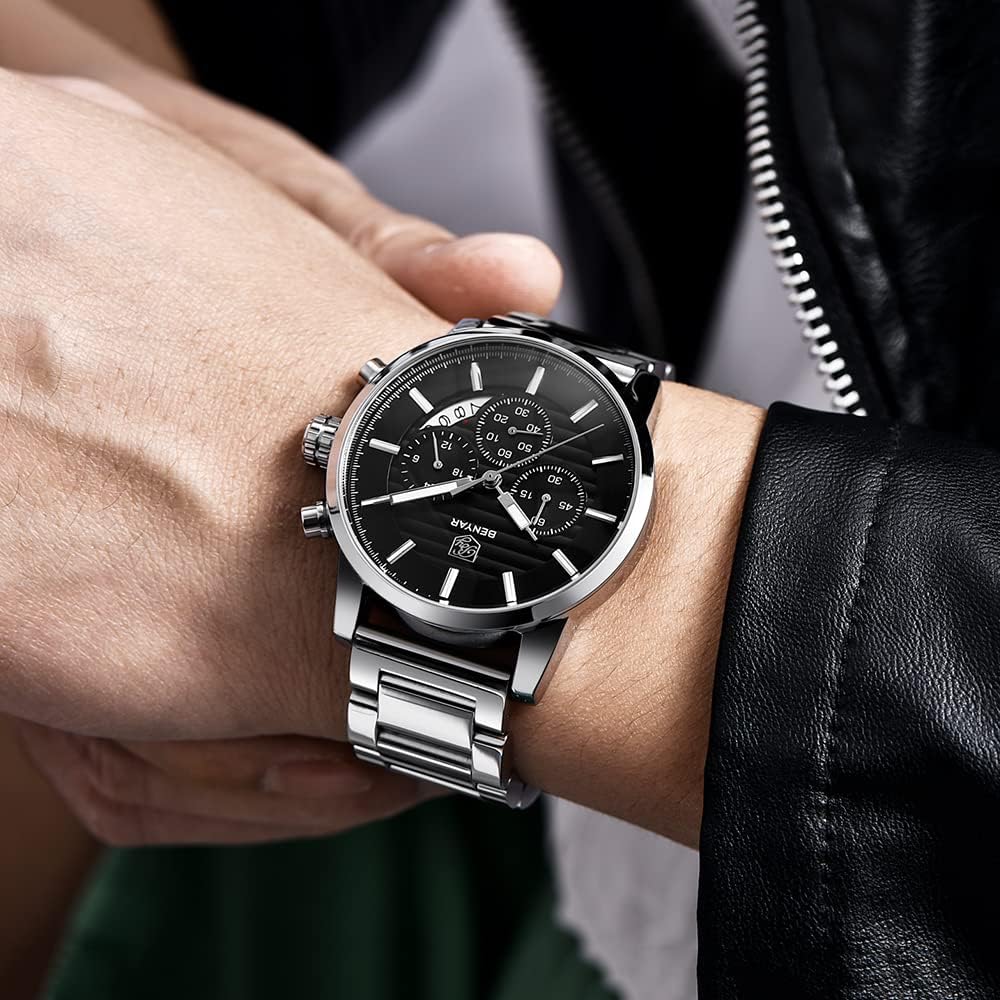 BENYAR Quartz Chronograph Waterproof Watches Business and Sport Design Leather Band Strap Wrist Watch for Men