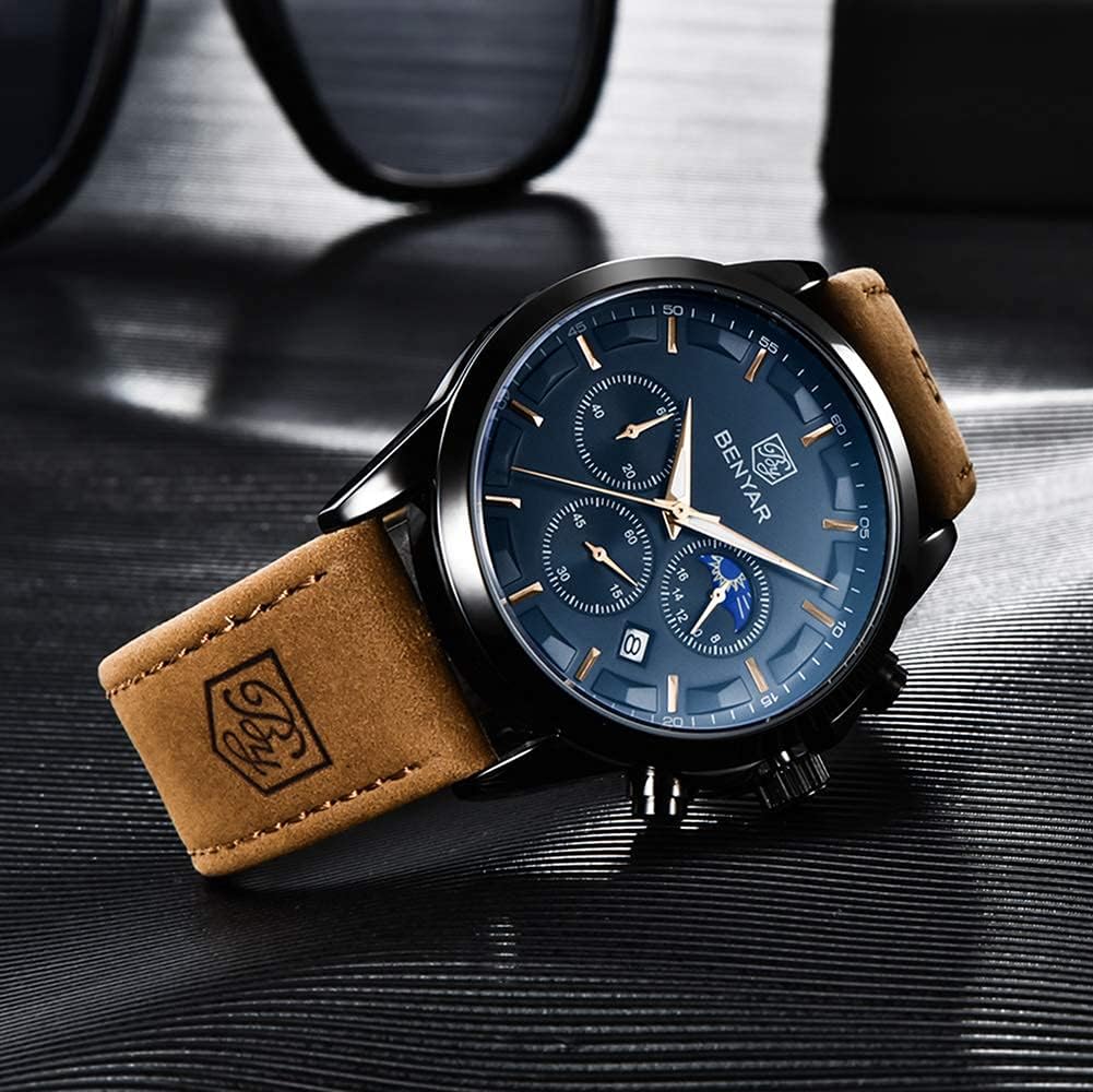 BY BENYAR Men's Watches Waterproof Sport Military Watch for Men Multifunction Chronograph Black Fashion Quartz Wristwatches Calendar with Leather Strap/Stainless Steel