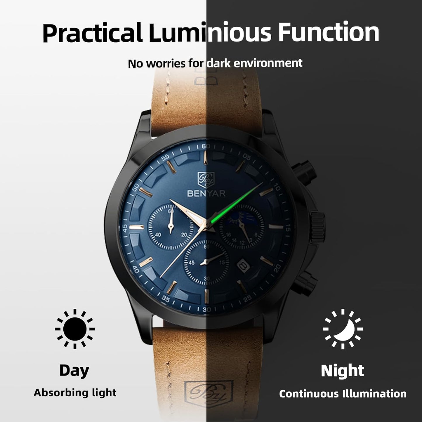 BY BENYAR Men's Watches Waterproof Sport Military Watch for Men Multifunction Chronograph Black Fashion Quartz Wristwatches Calendar with Leather Strap/Stainless Steel
