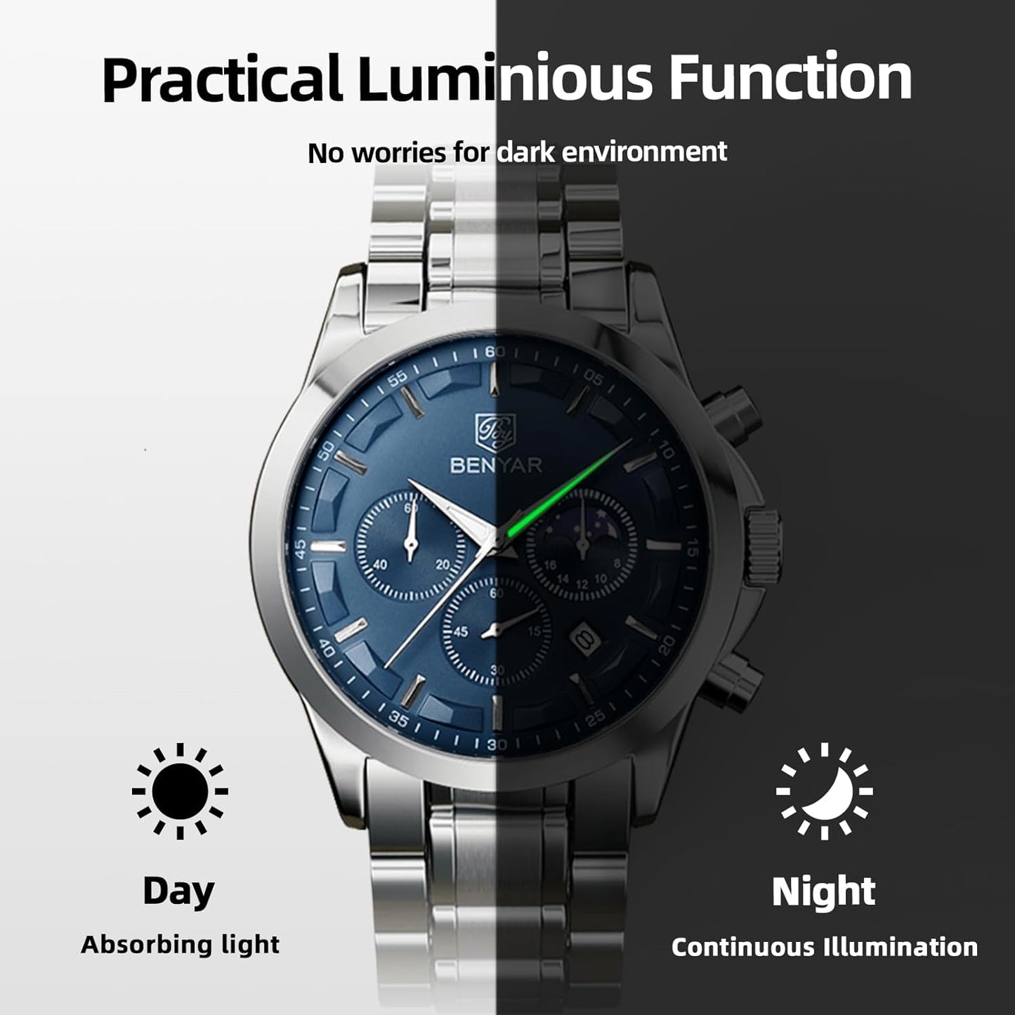 BY BENYAR Men's Watches Waterproof Sport Military Watch for Men Multifunction Chronograph Black Fashion Quartz Wristwatches Calendar with Leather Strap/Stainless Steel