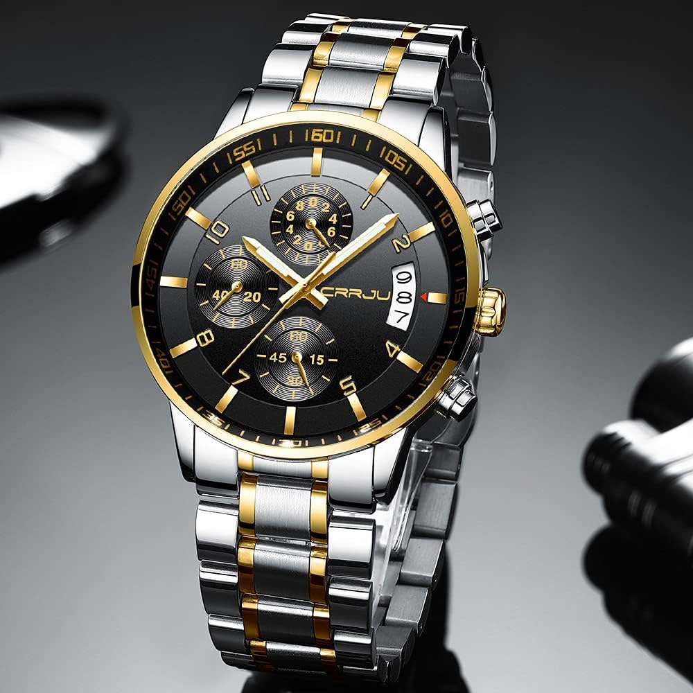CRRJU Men's Fashion Stainless Steel Watches Date Waterproof Chronograph Wristwatches,Stainsteel Steel Band Waterproof Watch