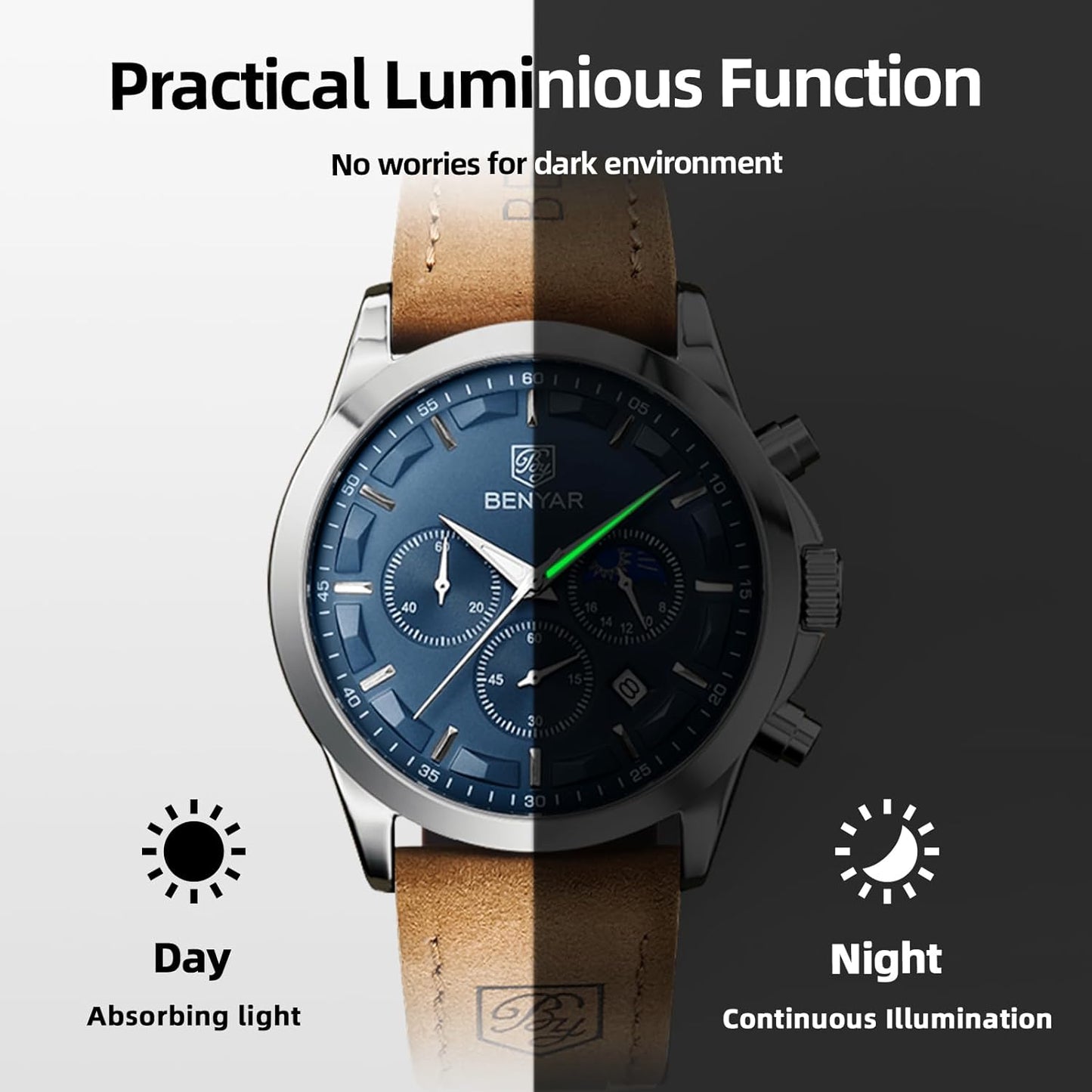 BY BENYAR Men's Watches Waterproof Sport Military Watch for Men Multifunction Chronograph Black Fashion Quartz Wristwatches Calendar with Leather Strap/Stainless Steel