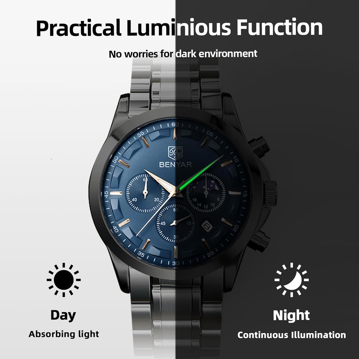BY BENYAR Men's Watches Waterproof Sport Military Watch for Men Multifunction Chronograph Black Fashion Quartz Wristwatches Calendar with Leather Strap/Stainless Steel