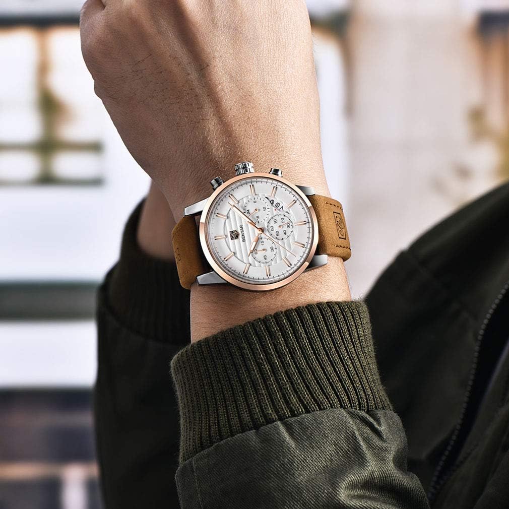 BENYAR Quartz Chronograph Waterproof Watches Business and Sport Design Leather Band Strap Wrist Watch for Men