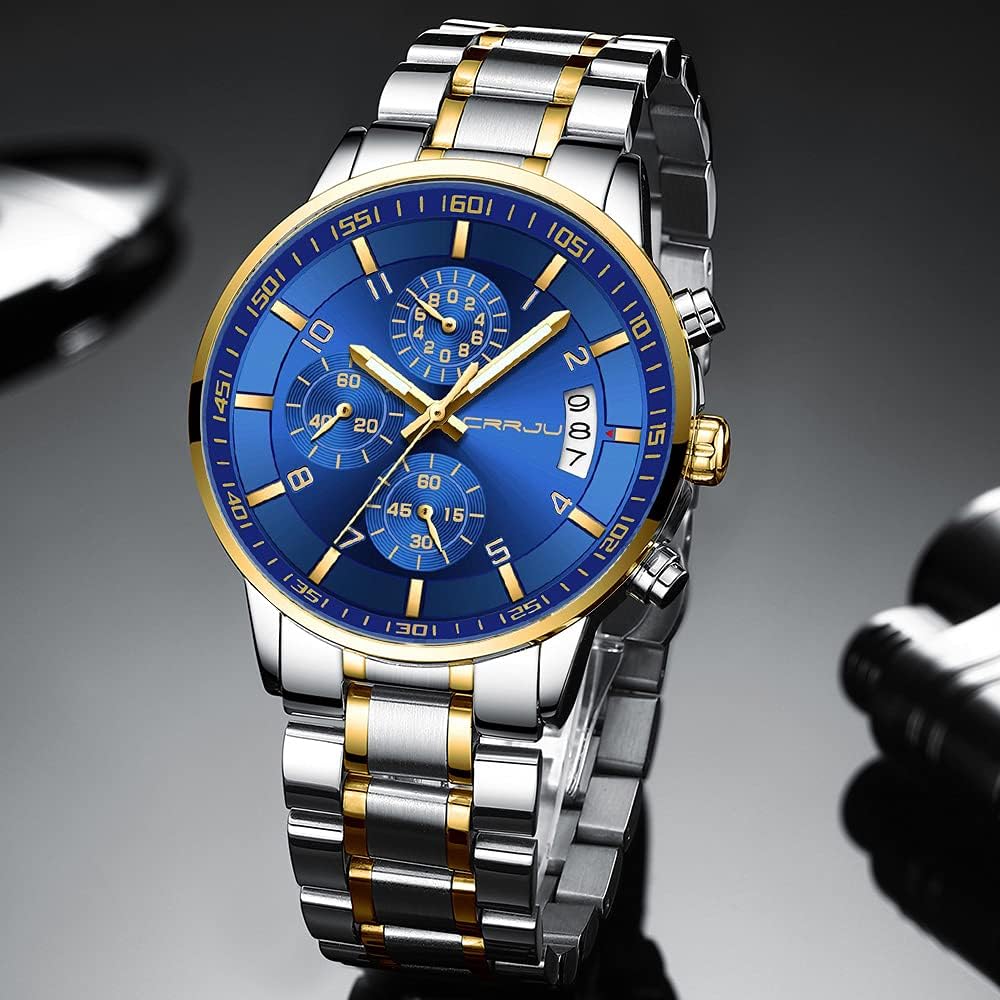 CRRJU Men's Fashion Stainless Steel Watches Date Waterproof Chronograph Wristwatches,Stainsteel Steel Band Waterproof Watch