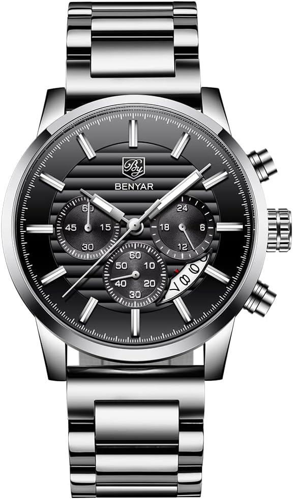 BENYAR Quartz Chronograph Waterproof Watches Business and Sport Design Leather Band Strap Wrist Watch for Men