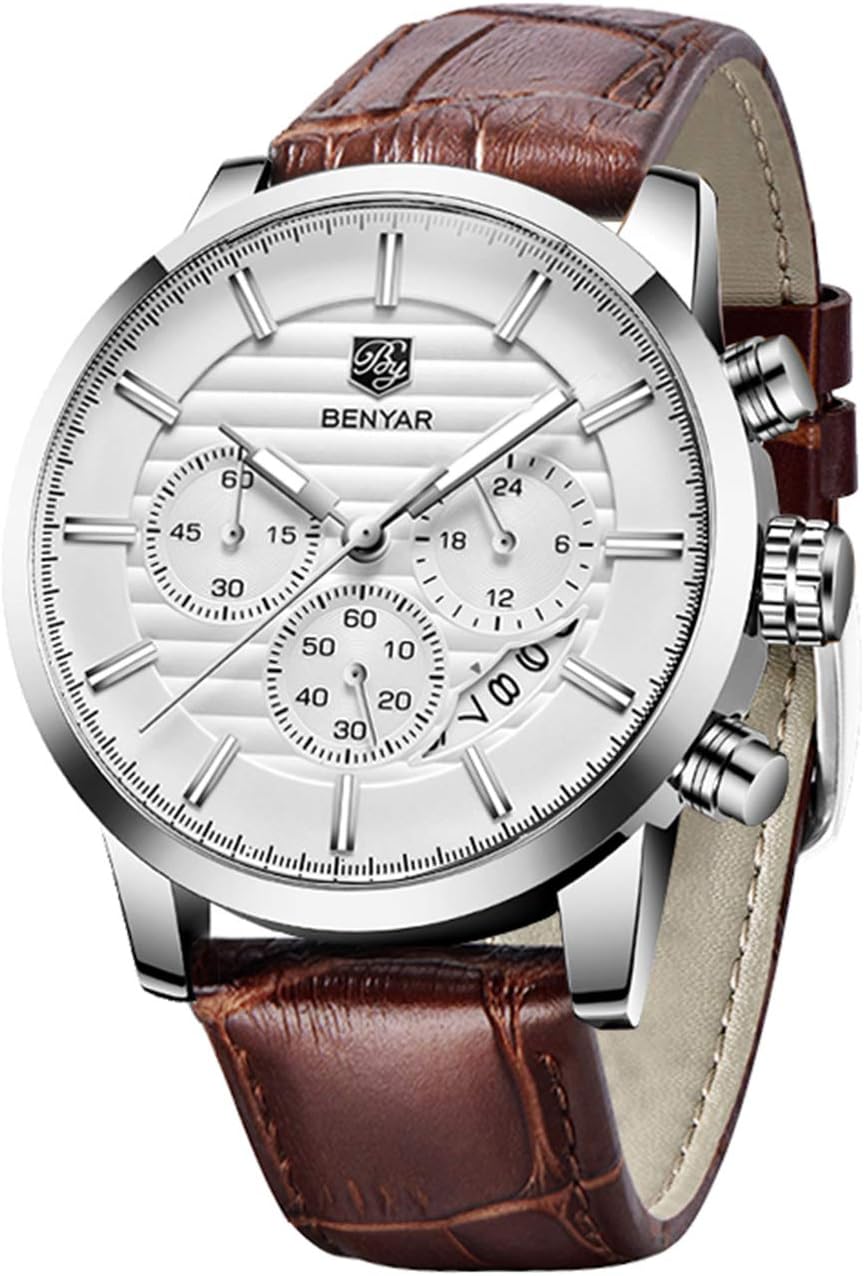 BENYAR Quartz Chronograph Waterproof Watches Business and Sport Design Leather Band Strap Wrist Watch for Men