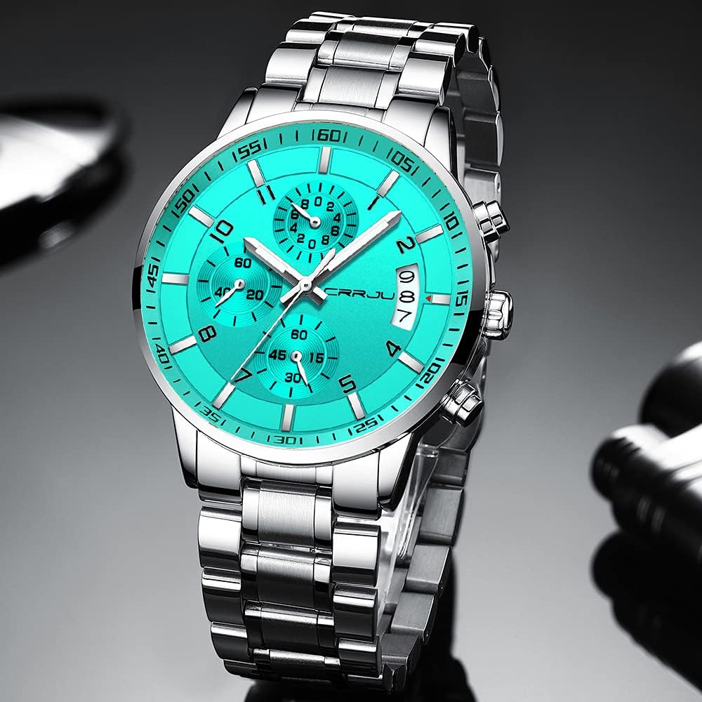 CRRJU Men's Fashion Stainless Steel Watches Date Waterproof Chronograph Wristwatches,Stainsteel Steel Band Waterproof Watch