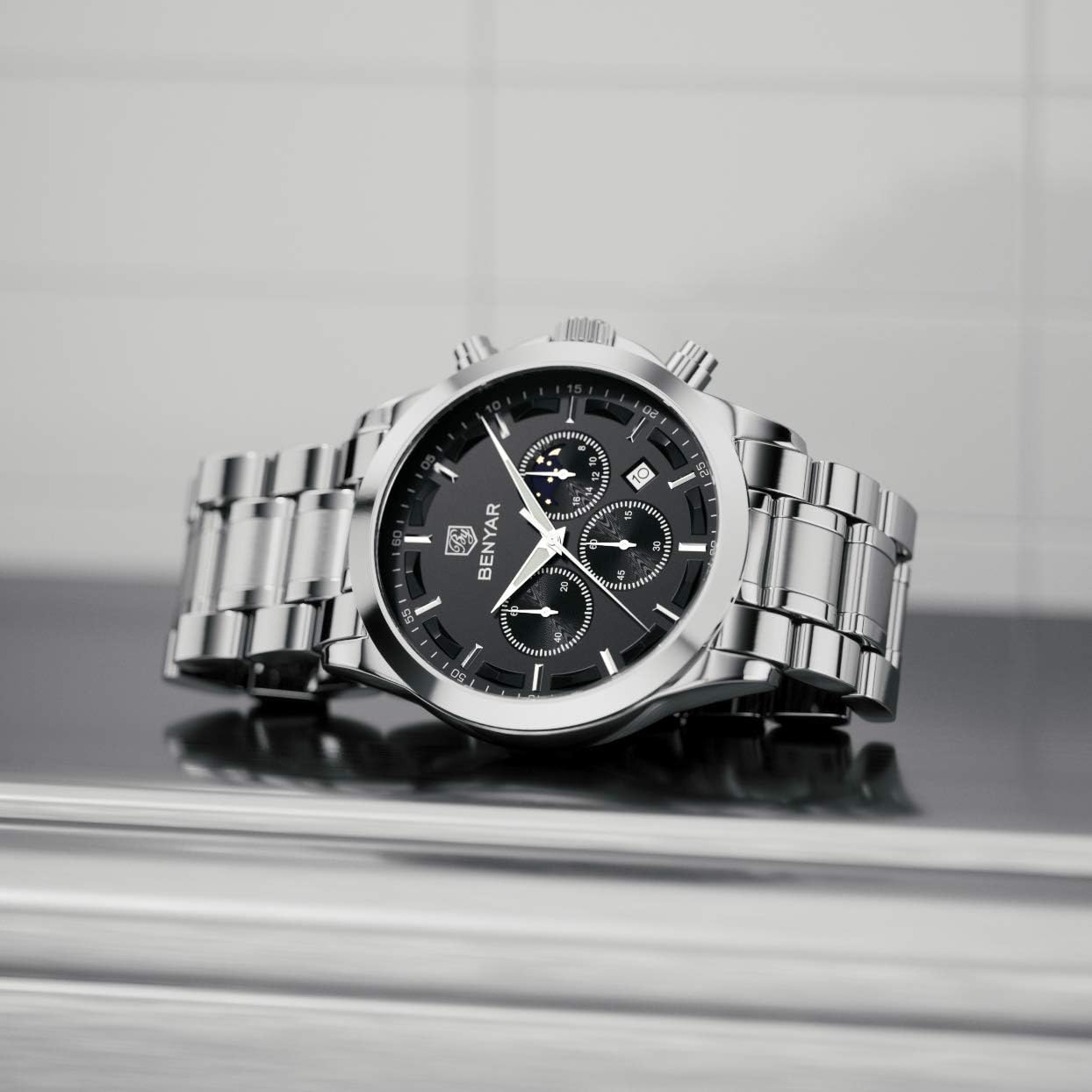 BY BENYAR Men's Watches Waterproof Sport Military Watch for Men Multifunction Chronograph Black Fashion Quartz Wristwatches Calendar with Leather Strap/Stainless Steel