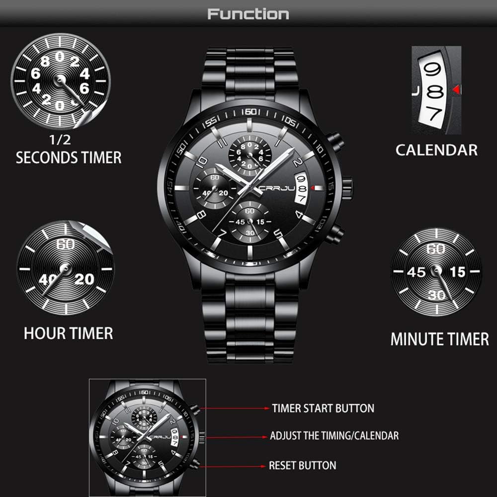 CRRJU Men's Fashion Stainless Steel Watches Date Waterproof Chronograph Wristwatches,Stainsteel Steel Band Waterproof Watch