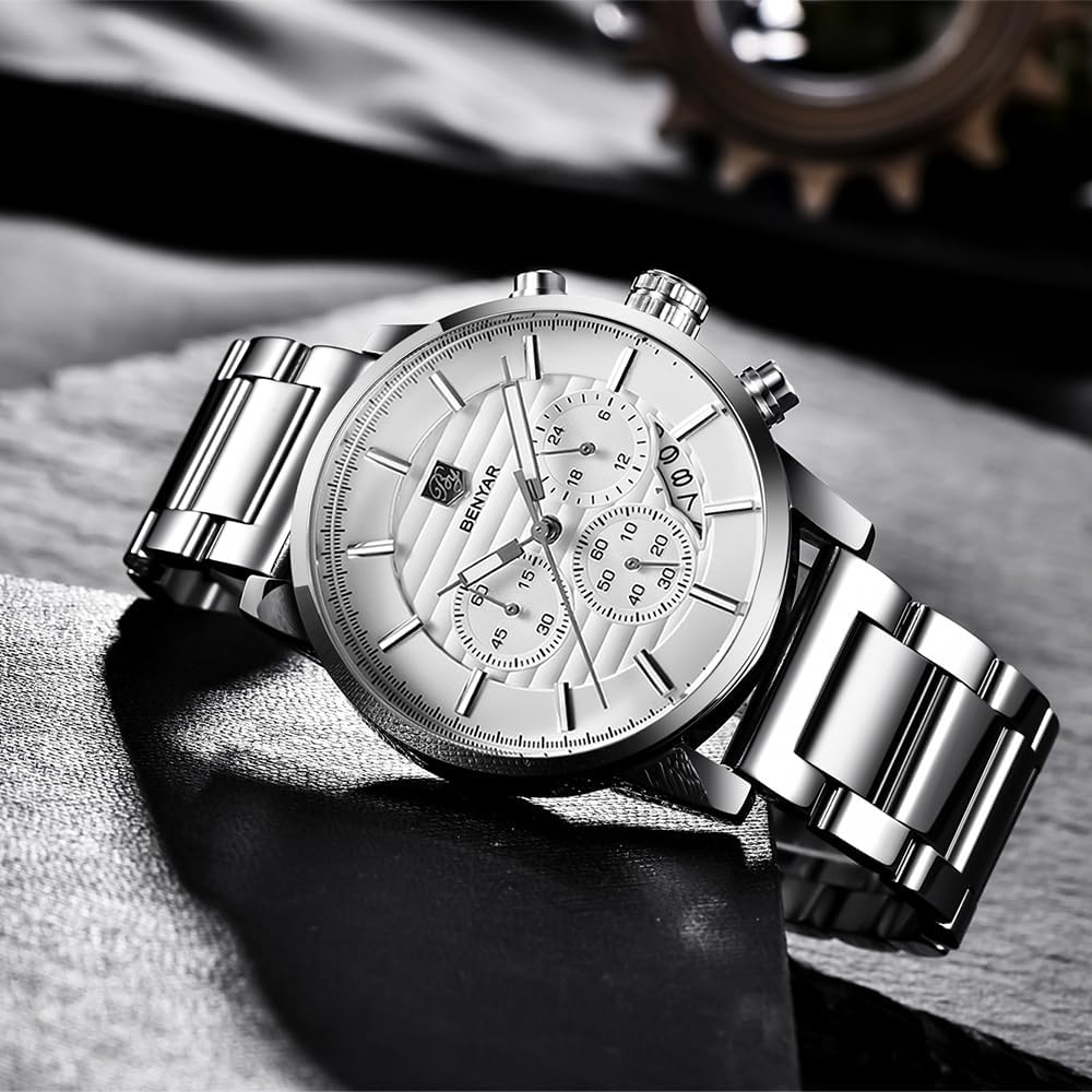 BENYAR Quartz Chronograph Waterproof Watches Business and Sport Design Leather Band Strap Wrist Watch for Men