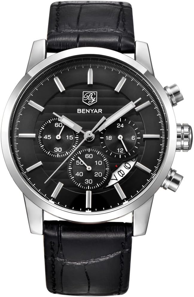 BENYAR Quartz Chronograph Waterproof Watches Business and Sport Design Leather Band Strap Wrist Watch for Men