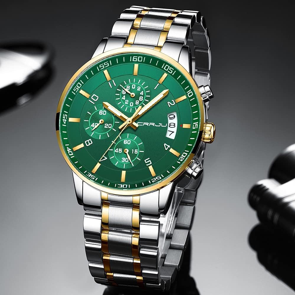 CRRJU Men's Fashion Stainless Steel Watches Date Waterproof Chronograph Wristwatches,Stainsteel Steel Band Waterproof Watch