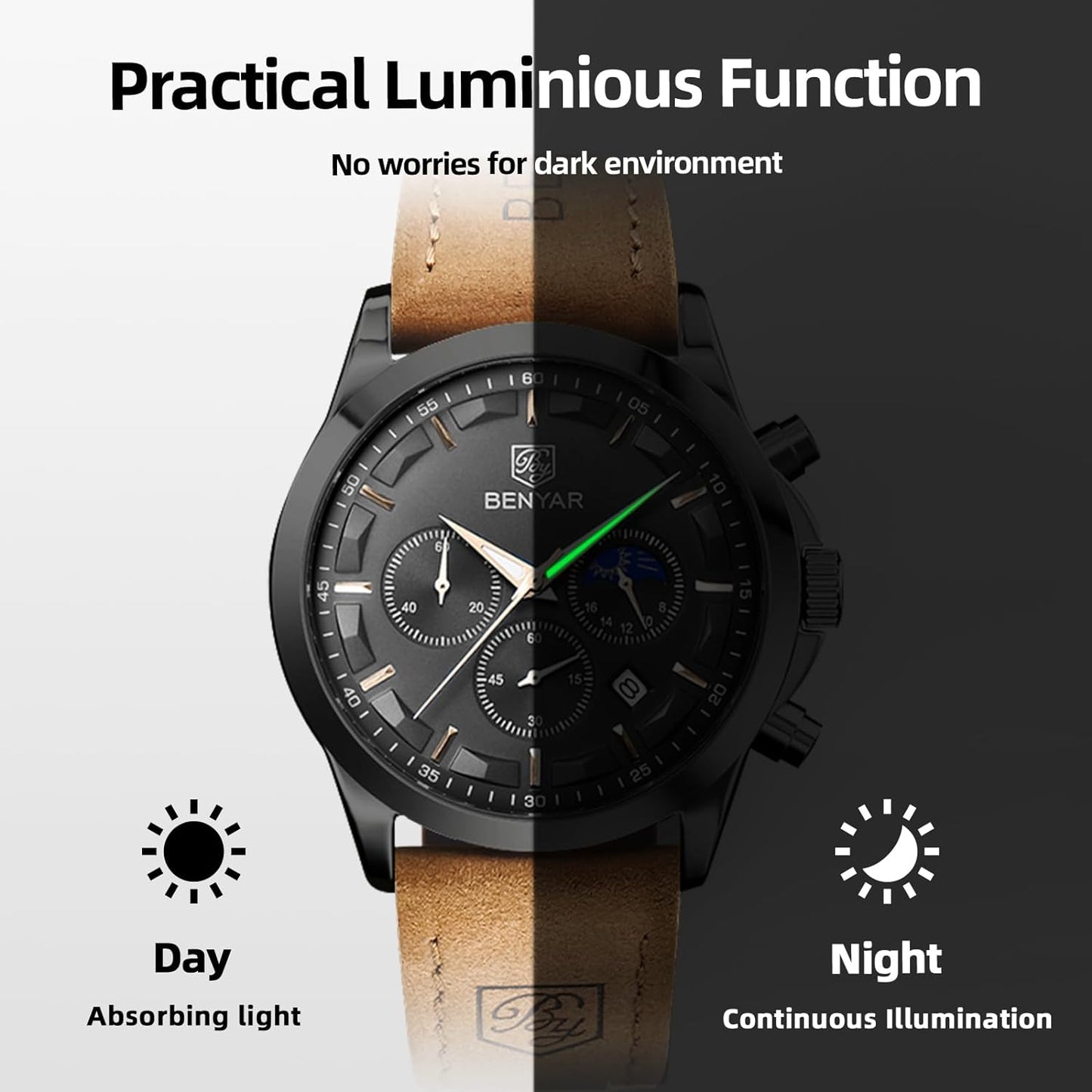 BY BENYAR Men's Watches Waterproof Sport Military Watch for Men Multifunction Chronograph Black Fashion Quartz Wristwatches Calendar with Leather Strap/Stainless Steel