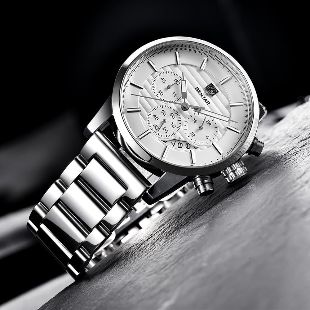 BENYAR Quartz Chronograph Waterproof Watches Business and Sport Design Leather Band Strap Wrist Watch for Men