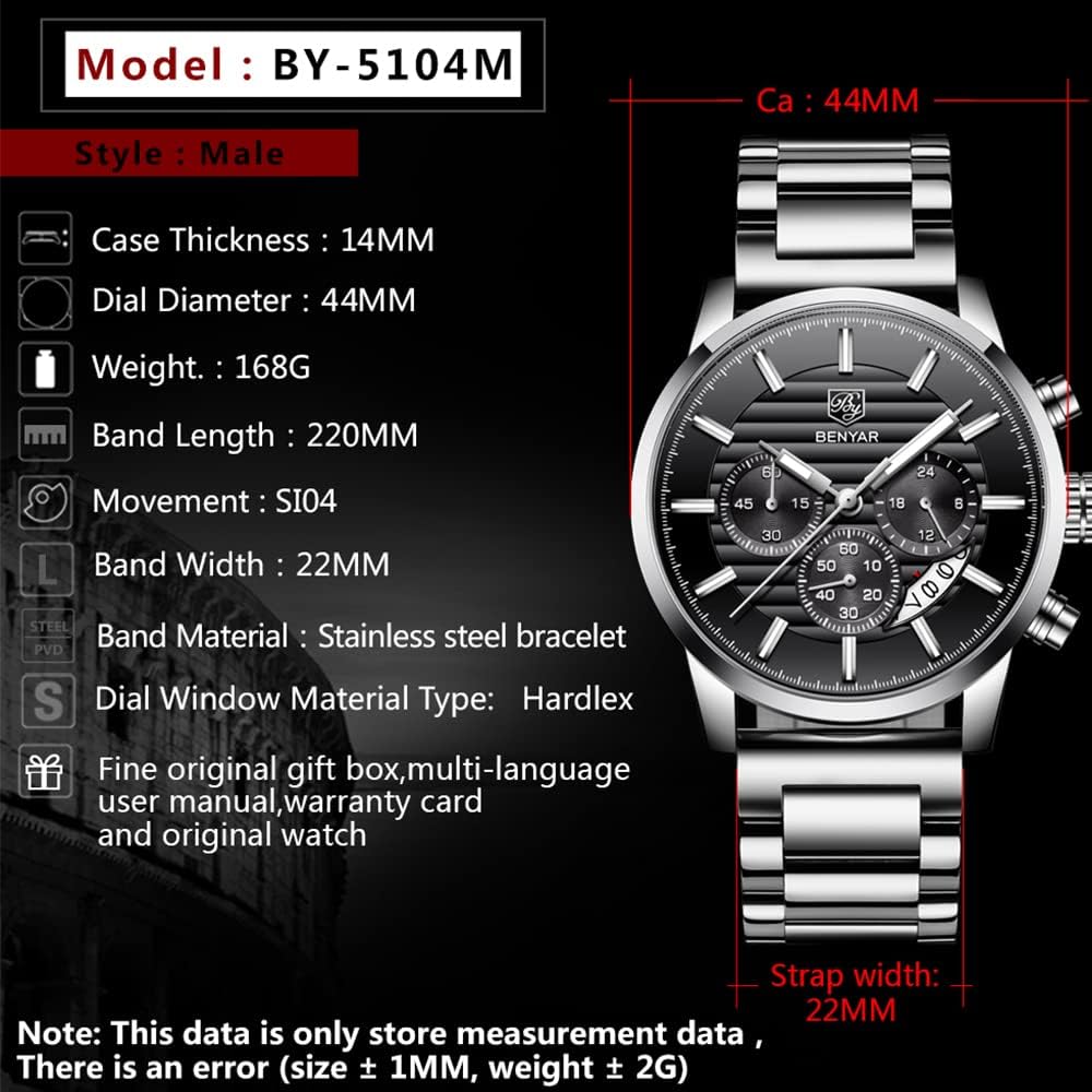 BENYAR Quartz Chronograph Waterproof Watches Business and Sport Design Leather Band Strap Wrist Watch for Men