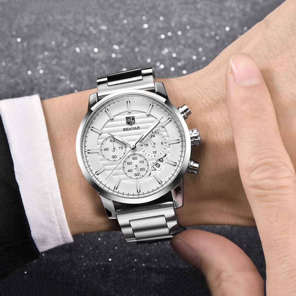 BENYAR Quartz Chronograph Waterproof Watches Business and Sport Design Leather Band Strap Wrist Watch for Men