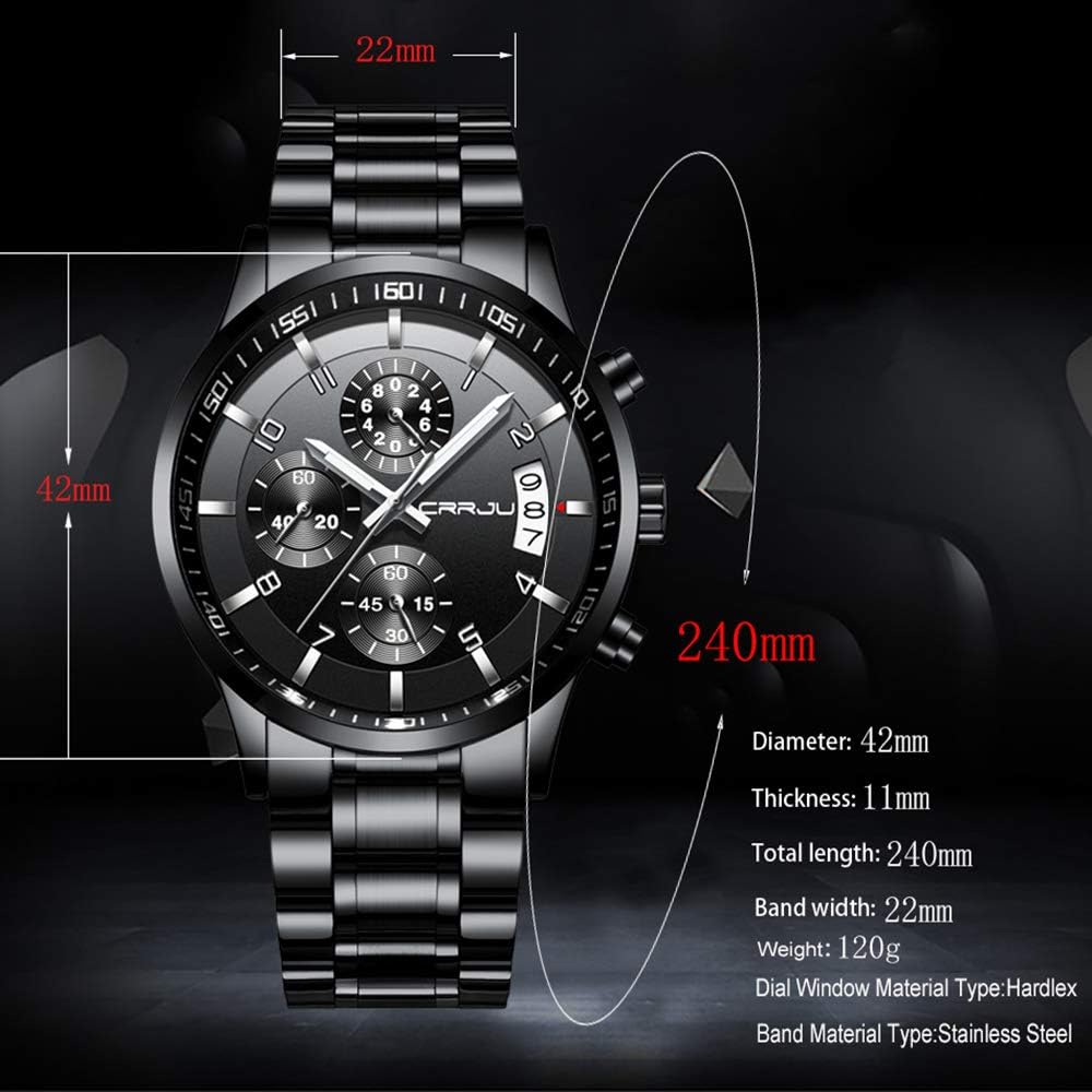 CRRJU Men's Fashion Stainless Steel Watches Date Waterproof Chronograph Wristwatches,Stainsteel Steel Band Waterproof Watch