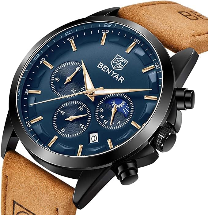 BY BENYAR Men's Watches Waterproof Sport Military Watch for Men Multifunction Chronograph Black Fashion Quartz Wristwatches Calendar with Leather Strap/Stainless Steel