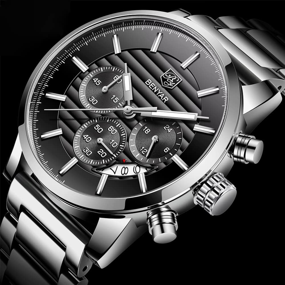 BENYAR Quartz Chronograph Waterproof Watches Business and Sport Design Leather Band Strap Wrist Watch for Men