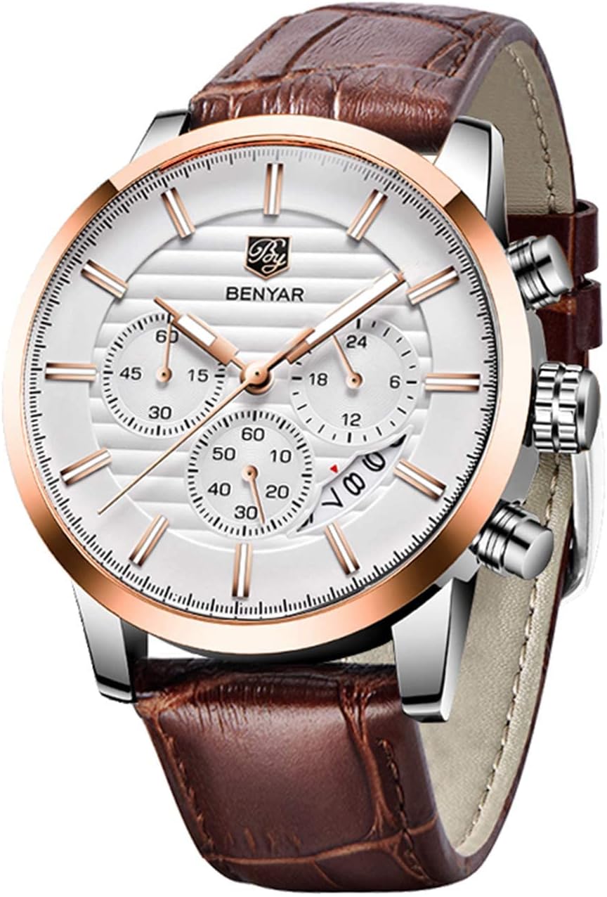BENYAR Quartz Chronograph Waterproof Watches Business and Sport Design Leather Band Strap Wrist Watch for Men
