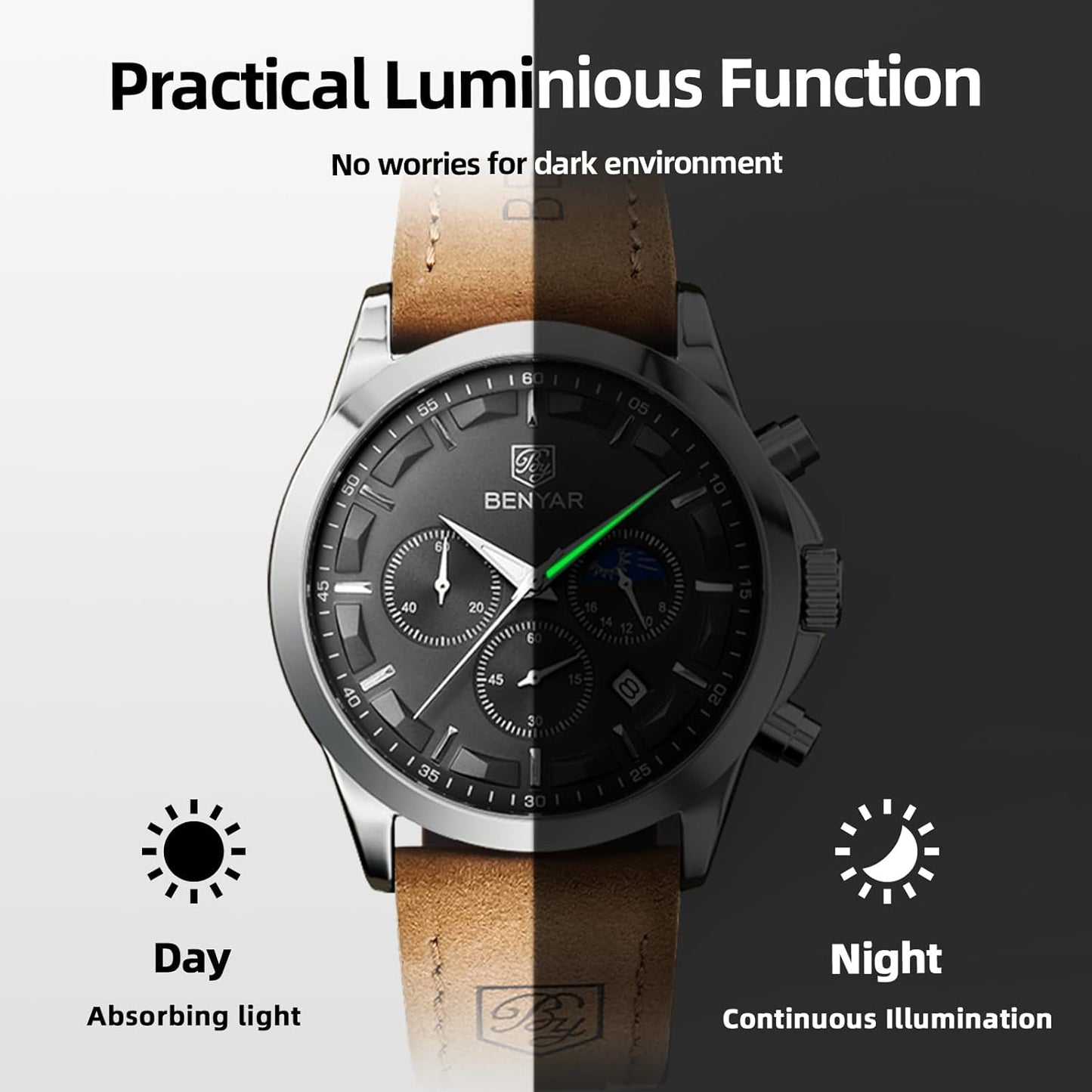 BY BENYAR Men's Watches Waterproof Sport Military Watch for Men Multifunction Chronograph Black Fashion Quartz Wristwatches Calendar with Leather Strap/Stainless Steel