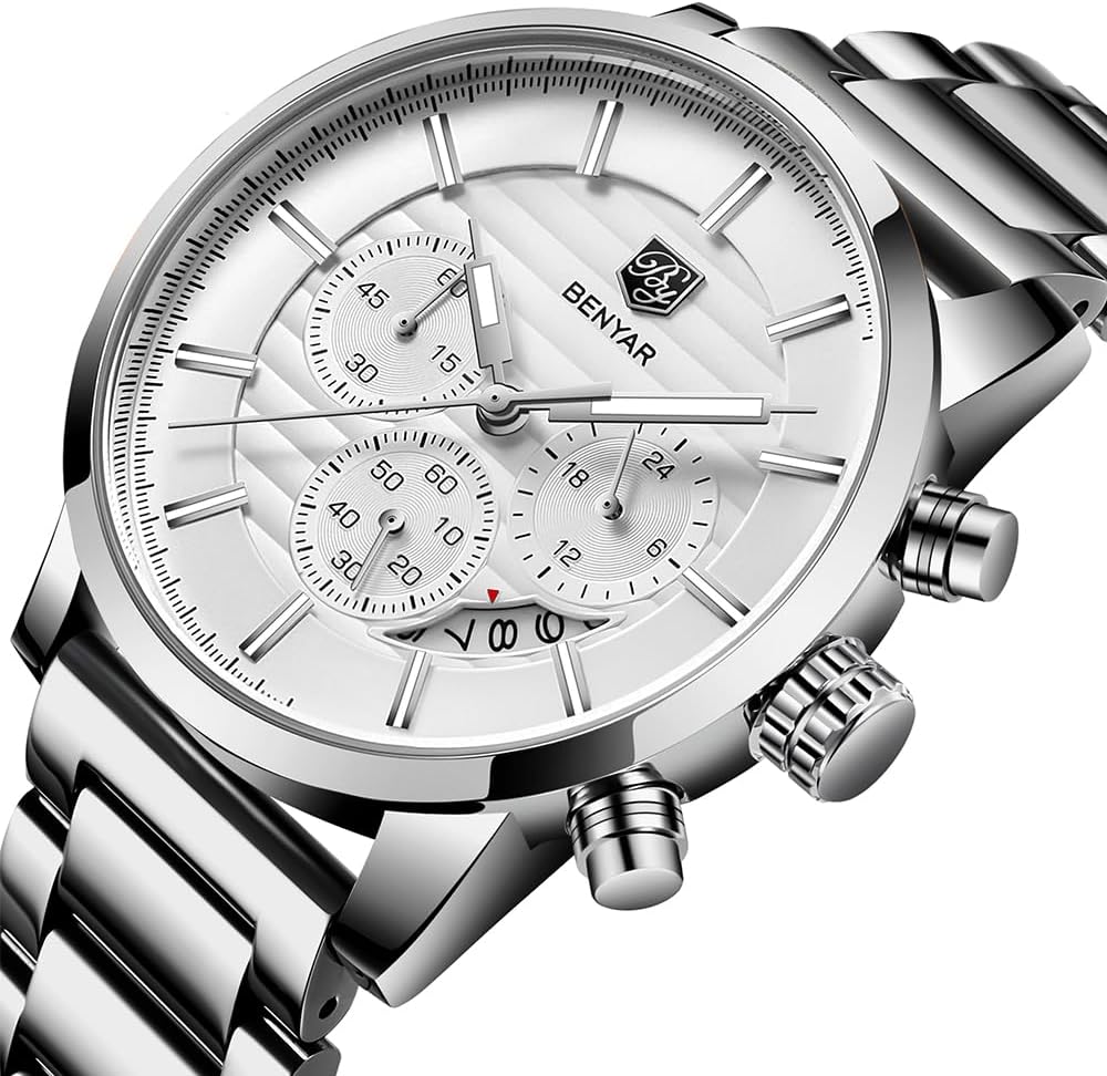 BENYAR Quartz Chronograph Waterproof Watches Business and Sport Design Leather Band Strap Wrist Watch for Men