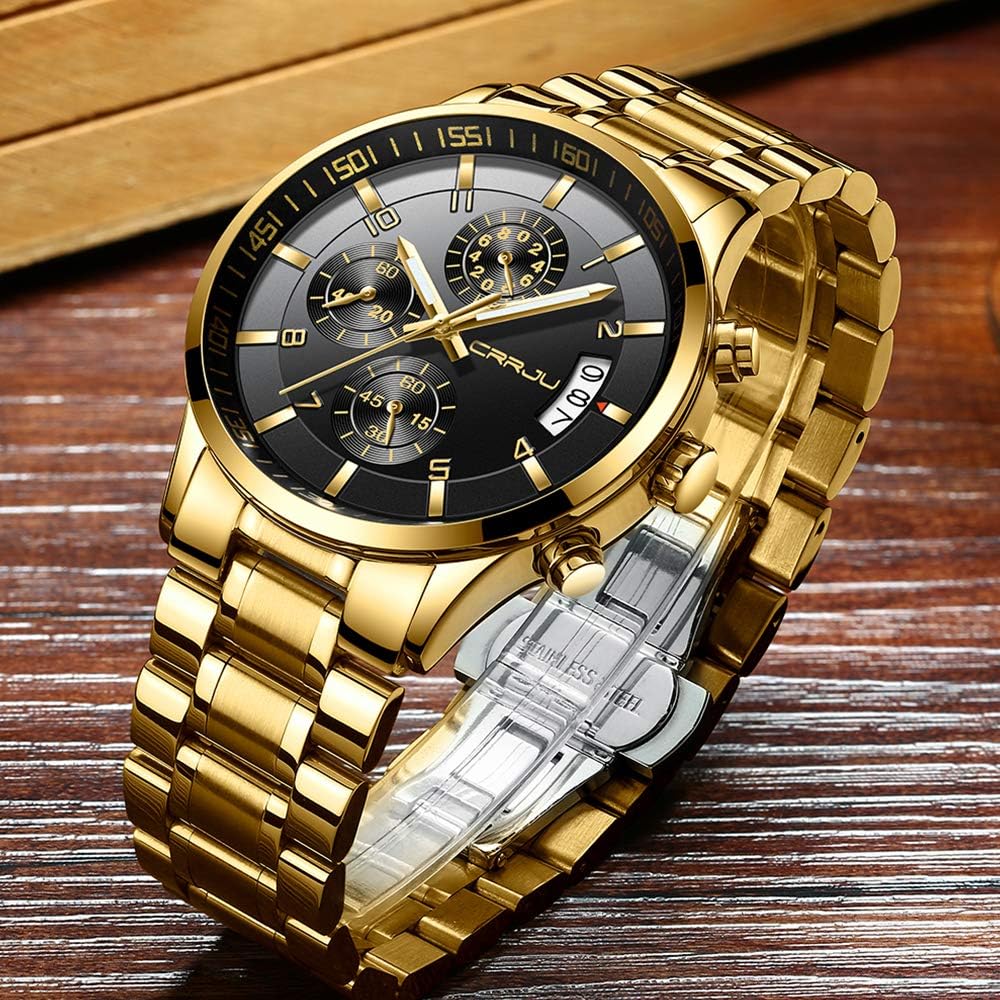 CRRJU Men's Fashion Stainless Steel Watches Date Waterproof Chronograph Wristwatches,Stainsteel Steel Band Waterproof Watch