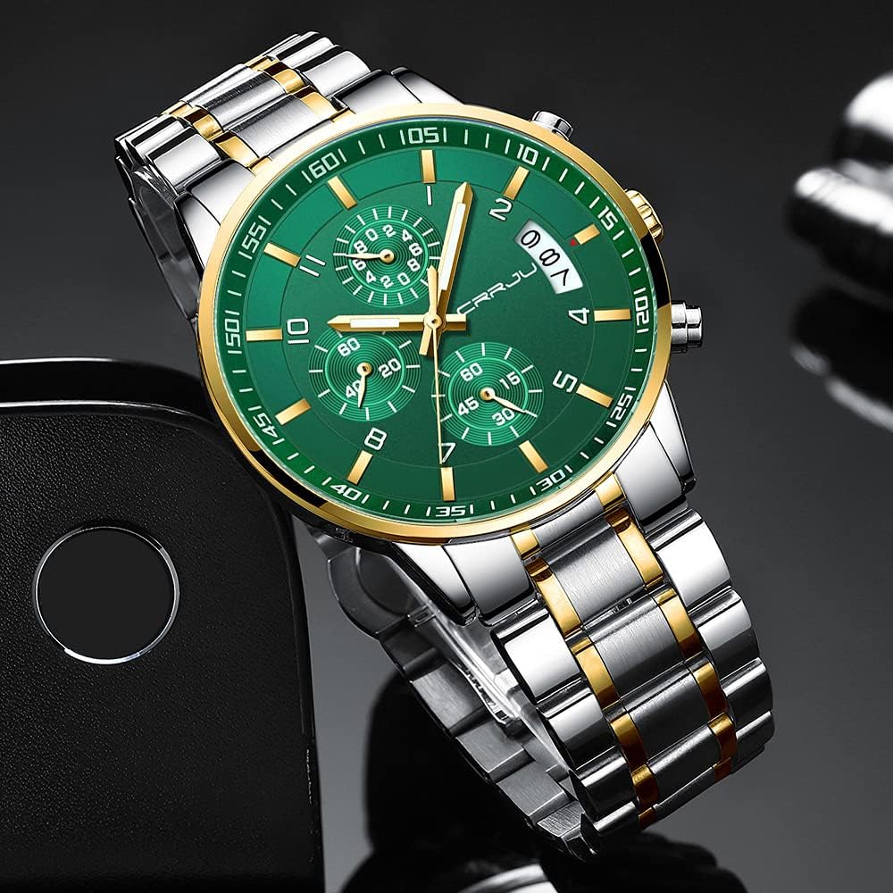 CRRJU Men's Fashion Stainless Steel Watches Date Waterproof Chronograph Wristwatches,Stainsteel Steel Band Waterproof Watch
