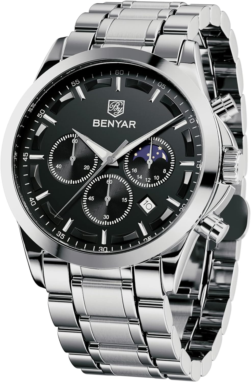 BY BENYAR Men's Watches Waterproof Sport Military Watch for Men Multifunction Chronograph Black Fashion Quartz Wristwatches Calendar with Leather Strap/Stainless Steel
