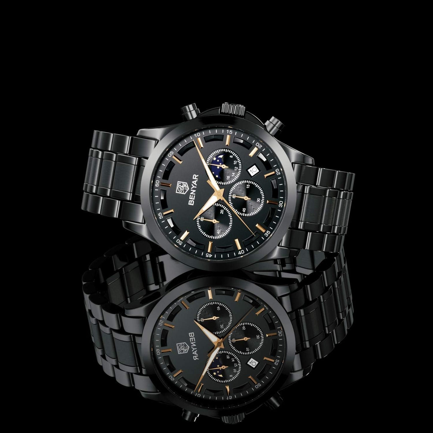 BY BENYAR Men's Watches Waterproof Sport Military Watch for Men Multifunction Chronograph Black Fashion Quartz Wristwatches Calendar with Leather Strap/Stainless Steel