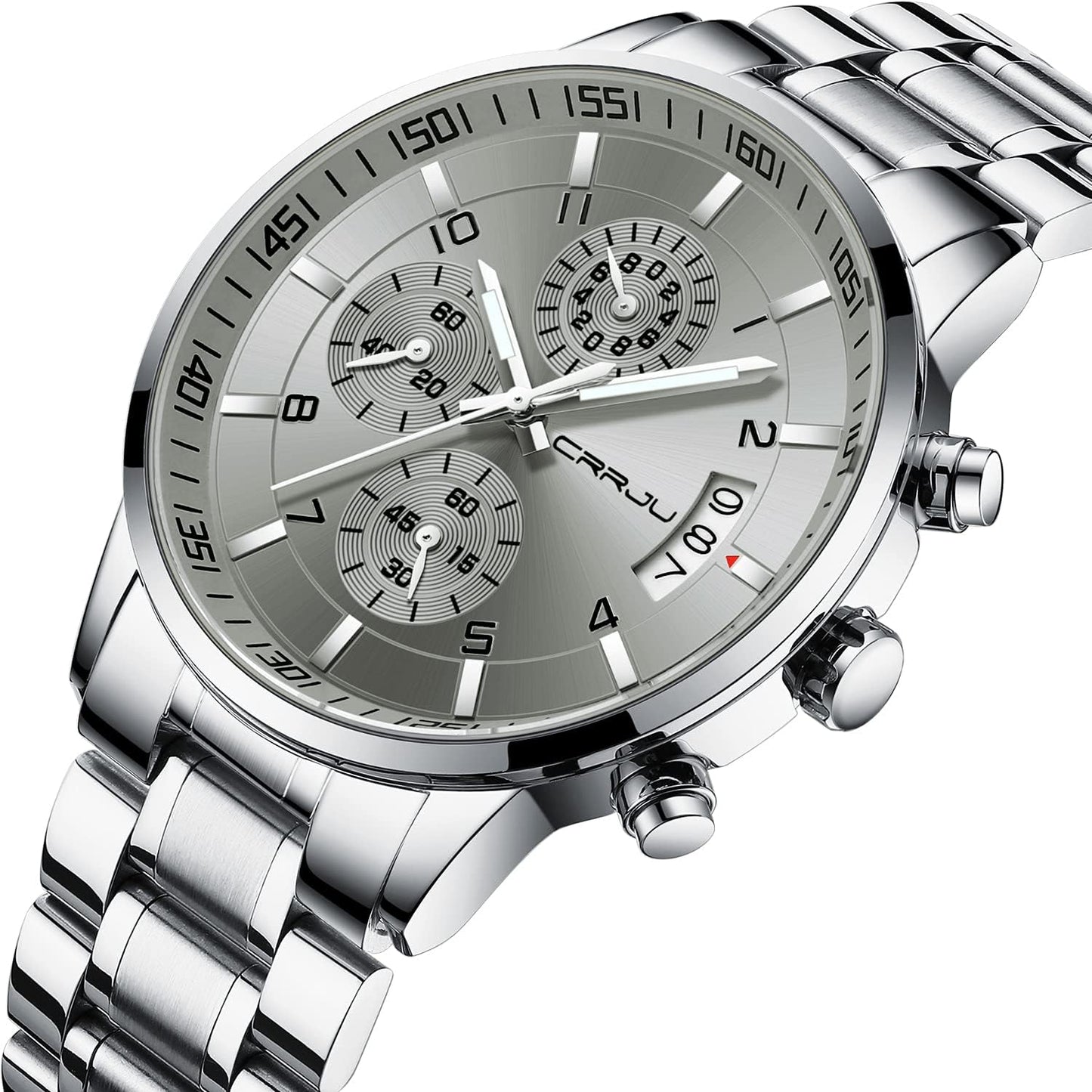 CRRJU Men's Fashion Stainless Steel Watches Date Waterproof Chronograph Wristwatches,Stainsteel Steel Band Waterproof Watch