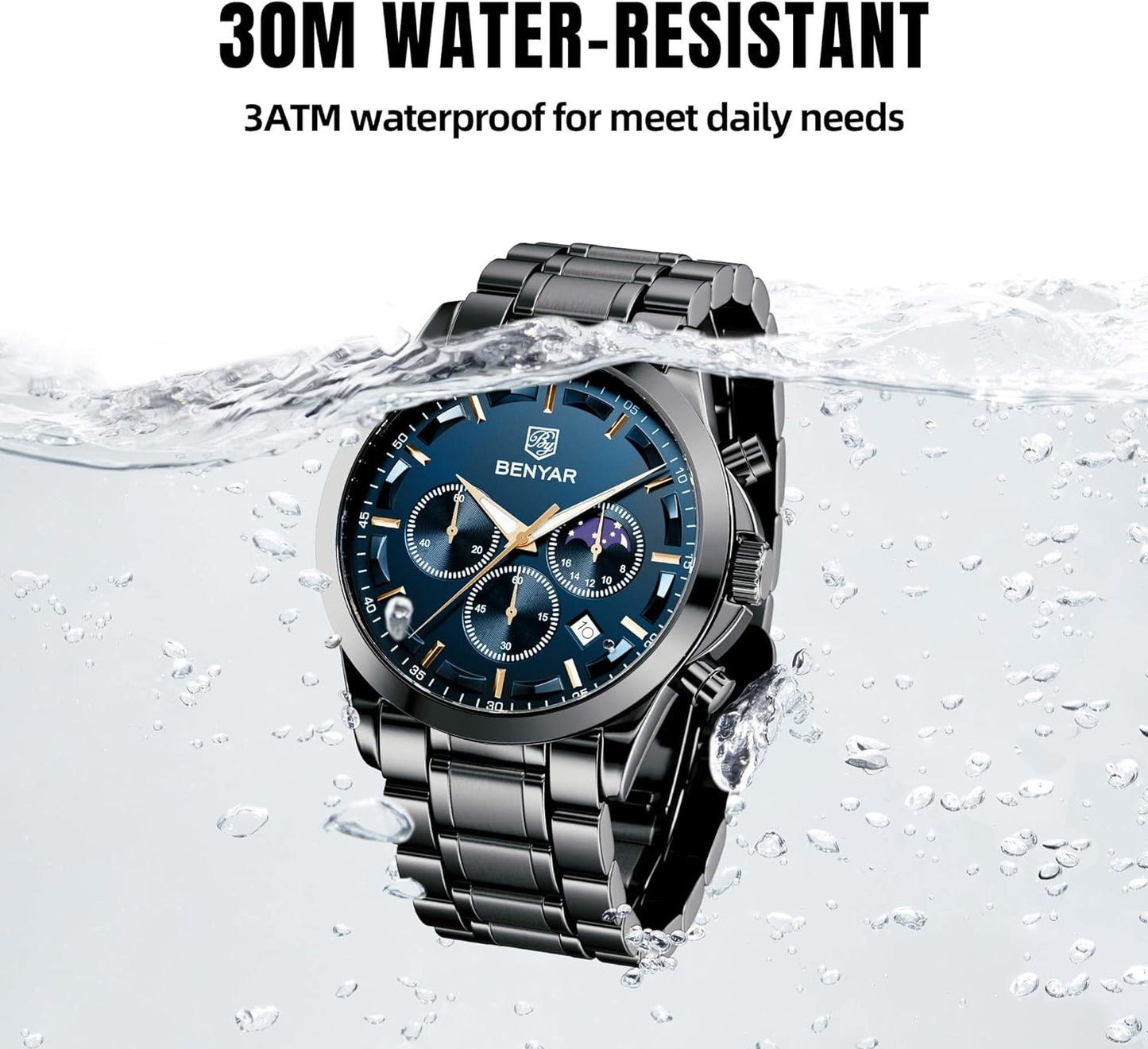 BY BENYAR Men's Watches Waterproof Sport Military Watch for Men Multifunction Chronograph Black Fashion Quartz Wristwatches Calendar with Leather Strap/Stainless Steel