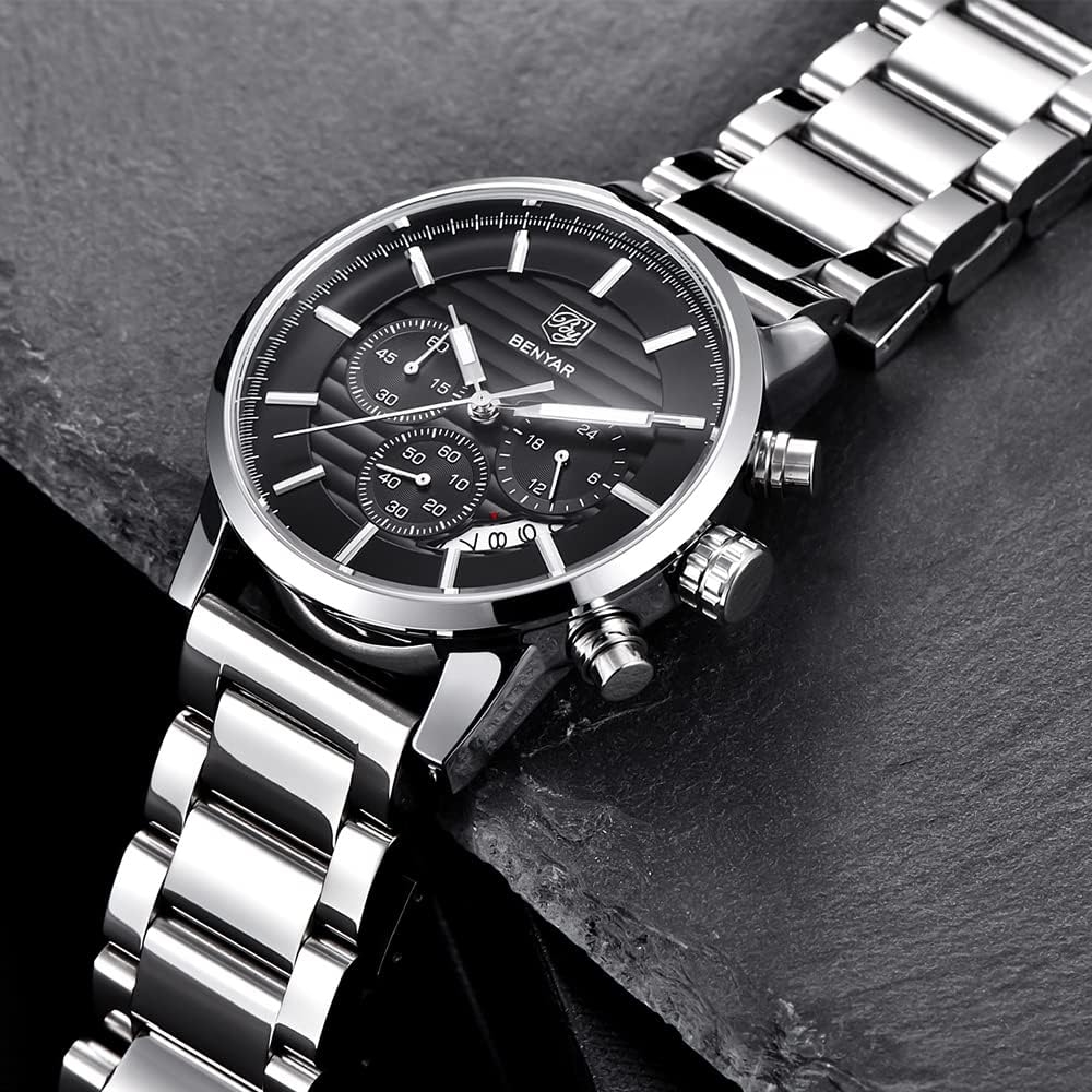 BENYAR Quartz Chronograph Waterproof Watches Business and Sport Design Leather Band Strap Wrist Watch for Men