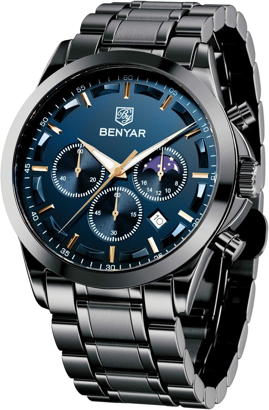 BY BENYAR Men's Watches Waterproof Sport Military Watch for Men Multifunction Chronograph Black Fashion Quartz Wristwatches Calendar with Leather Strap/Stainless Steel