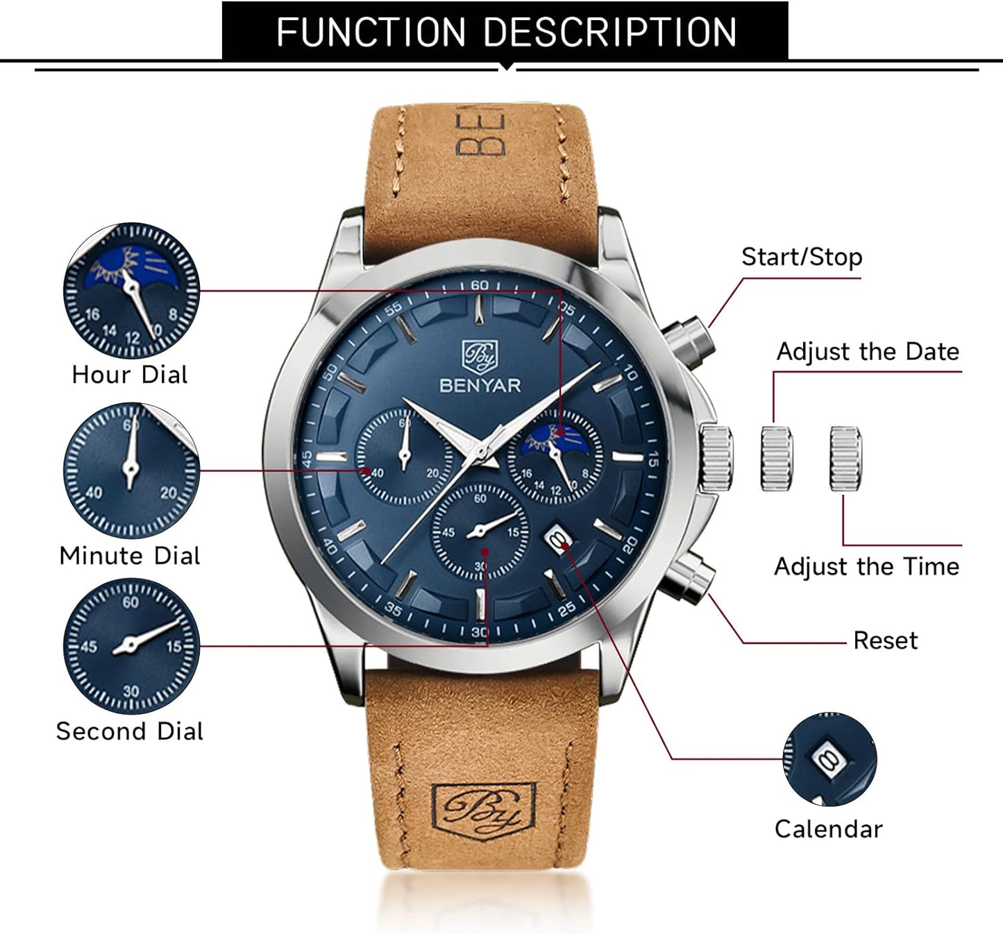 BY BENYAR Men's Watches Waterproof Sport Military Watch for Men Multifunction Chronograph Black Fashion Quartz Wristwatches Calendar with Leather Strap/Stainless Steel