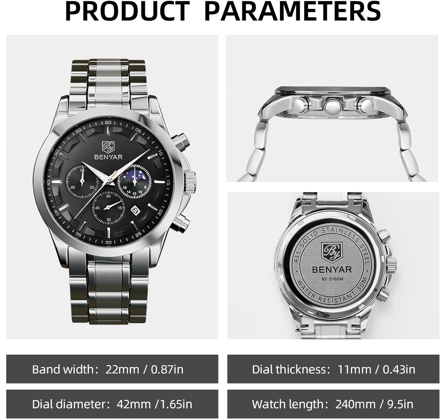 BY BENYAR Men's Watches Waterproof Sport Military Watch for Men Multifunction Chronograph Black Fashion Quartz Wristwatches Calendar with Leather Strap/Stainless Steel
