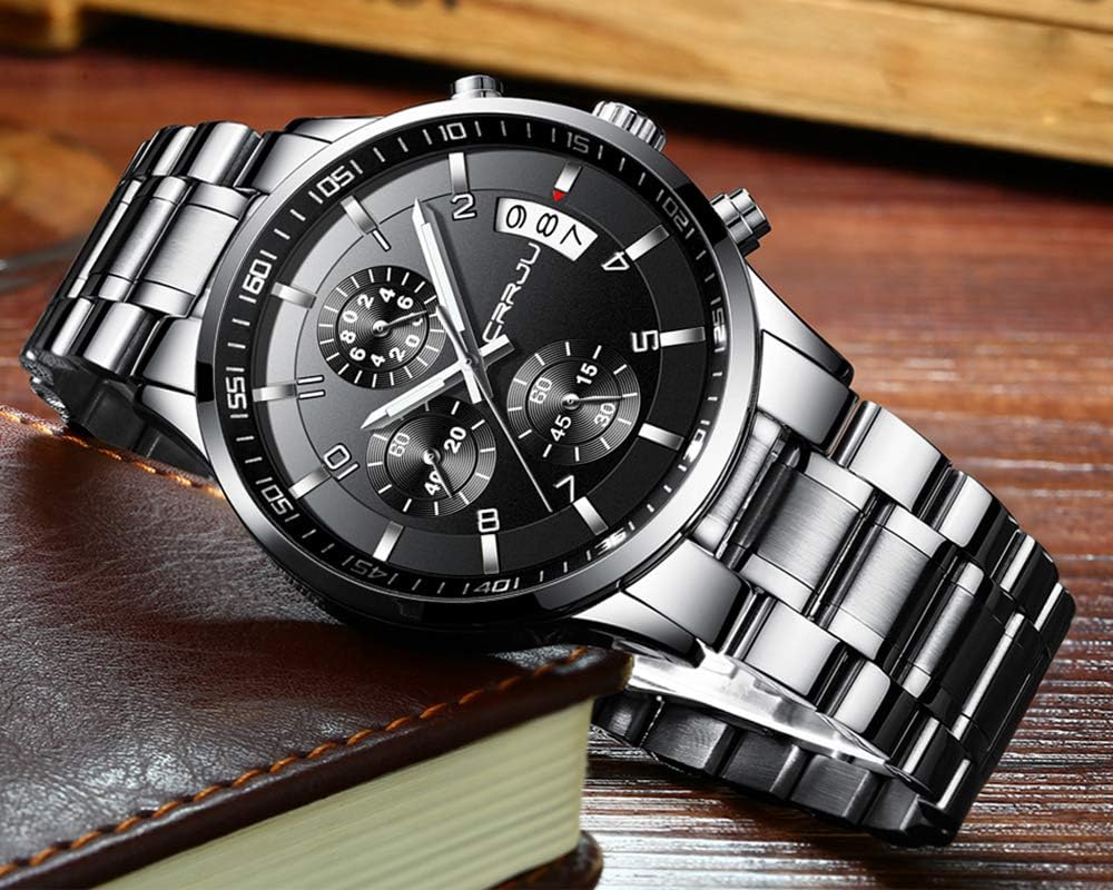 CRRJU Men's Fashion Stainless Steel Watches Date Waterproof Chronograph Wristwatches,Stainsteel Steel Band Waterproof Watch