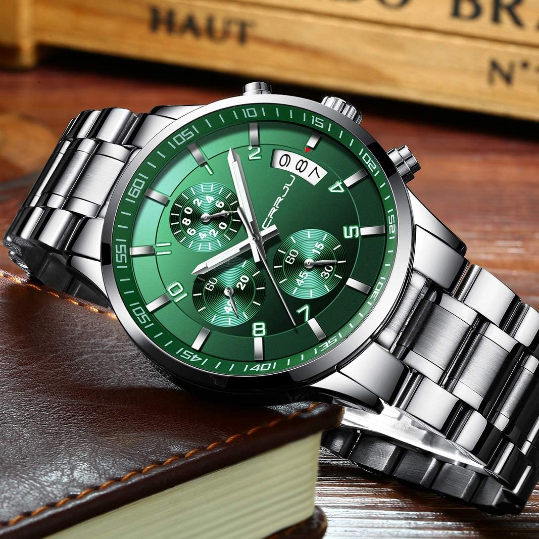 CRRJU Men's Fashion Stainless Steel Watches Date Waterproof Chronograph Wristwatches,Stainsteel Steel Band Waterproof Watch