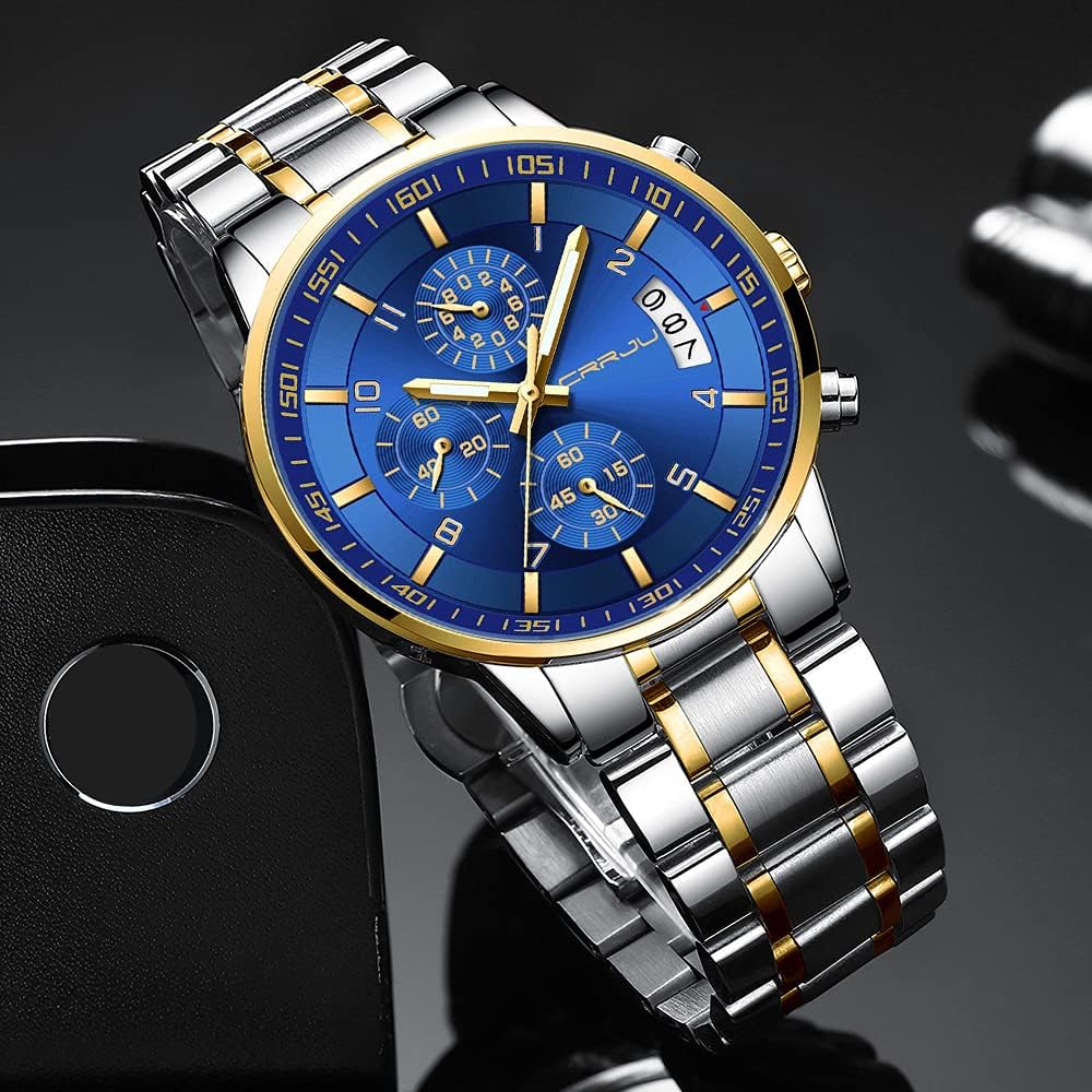 CRRJU Men's Fashion Stainless Steel Watches Date Waterproof Chronograph Wristwatches,Stainsteel Steel Band Waterproof Watch